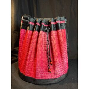 Baskets of‎ Cambodia Woven Straw Bucket Bag Drawstring Red Black Accent